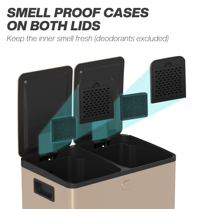 HOMCOM 56L Dual Compartment Stainless Steel Bin, with Deodoriser Holders - Gold Tone