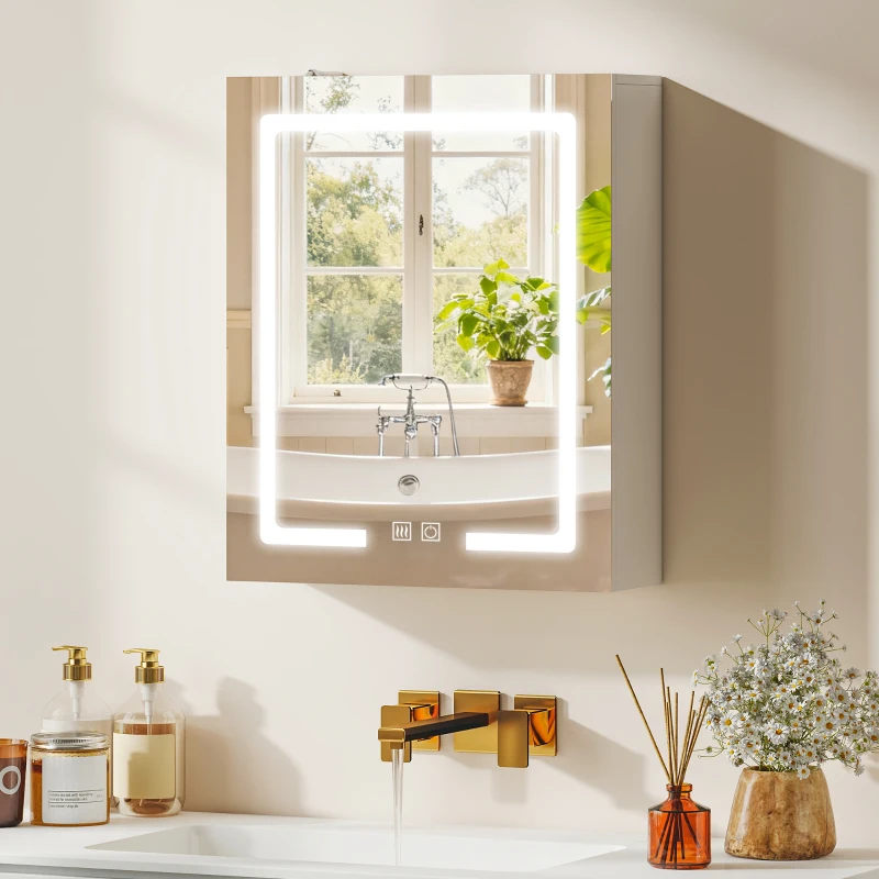HOMCOM Armario con espejo para baño con iluminación estante ajustable, puerta, 3 temperaturas de color, anti-vaho 50 x 15 x 60 cm blanco