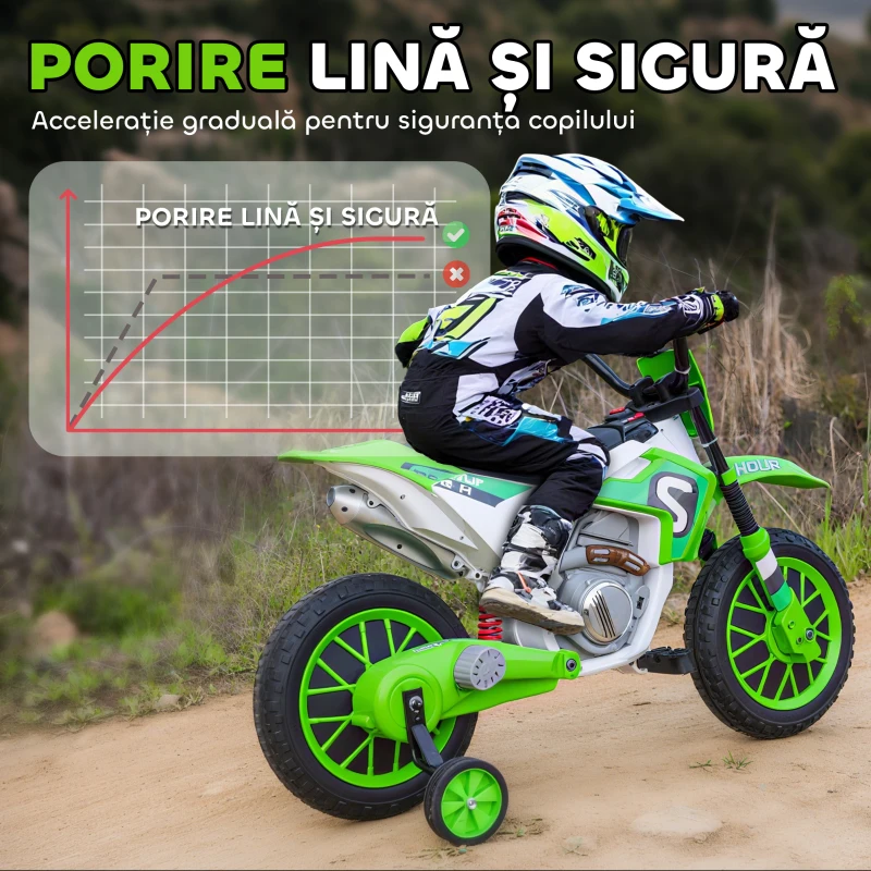 Homcom Motocicleta Copii 12V Verde – Reincarcabila, Cu Rotile de Siguranta