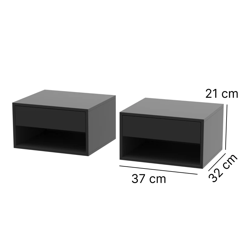 HOMCOM Set of 2 wall-mounted bedside tables, nightstands, drawer, open compartment, top, 37 x 32 x 21 cm, black