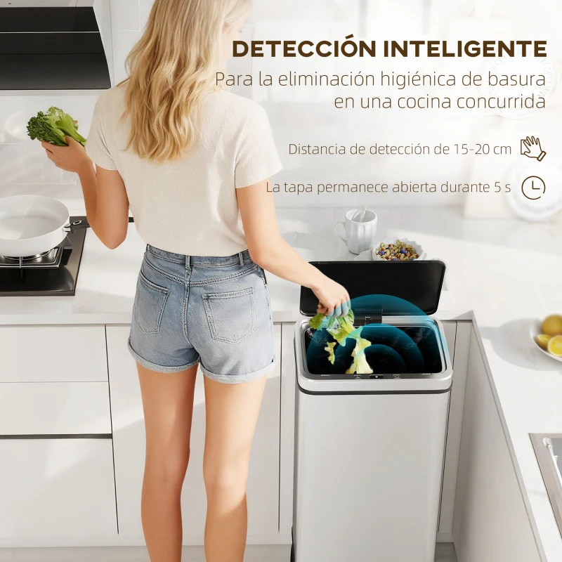 HOMCOM Cubo de Basura Cocina Automático 50L, Papelera de Cocina de Acero Inoxidable con Sensor Infrarrojo, Cierre Suave, Plata