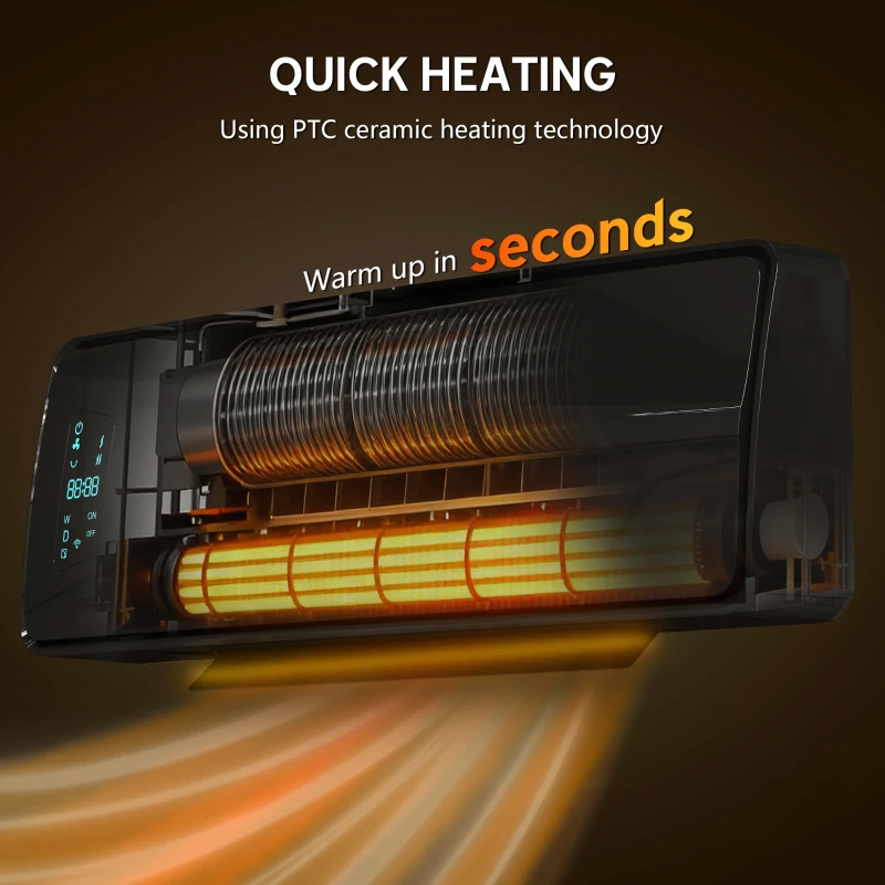 HOMCOM 2000W Ceramic Electric Heater with Fan, Adjustable Thermostat, Wall Mounted - Black