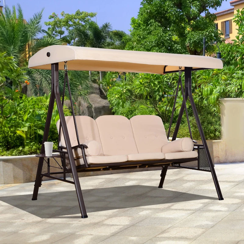 Outsunny Balancelle de Jardin 3 Places Grand Confort Toit Inclinaison réglable Coussins Plateaux rétractables 121x208x172cm beige