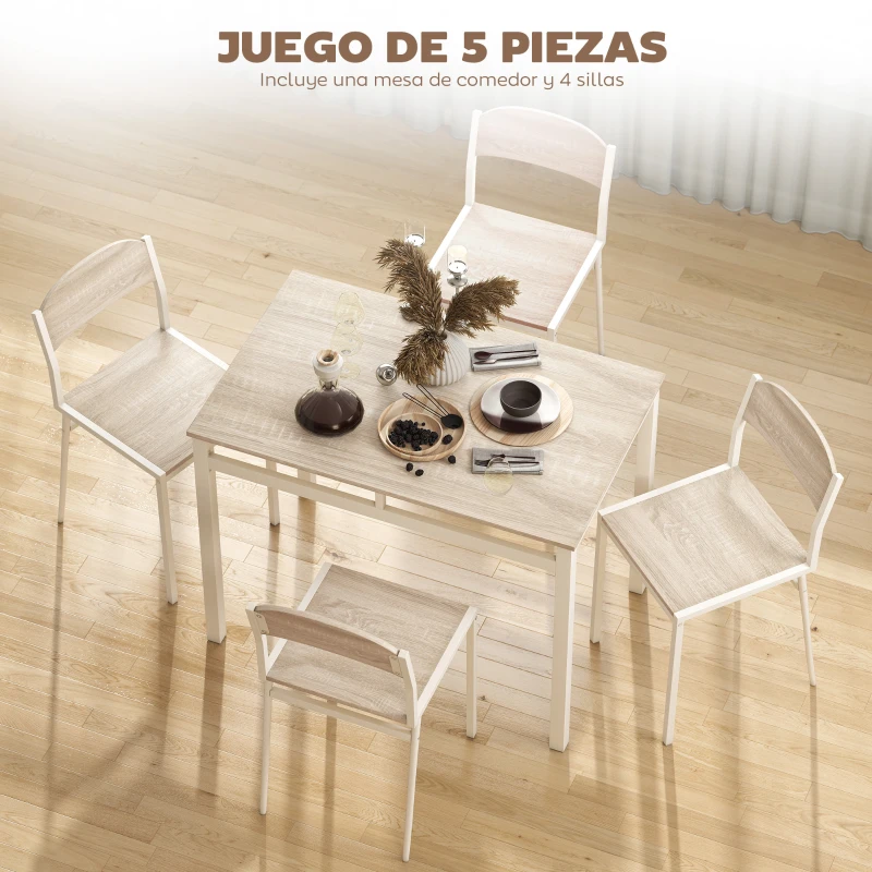 HOMCOM Juego de Mesa y 4 Sillas de Comedor Estilo Moderno Marco Metálico para Espacios Pequeños Blanco