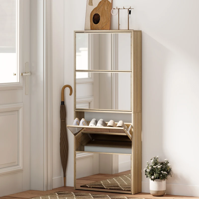 HOMCOM Sapateira Estreita com Espelho 4 Portas Abatíveis para 12 Pares de Sapatos para Espaços Reduzidos 63x17x146 cm Madeira