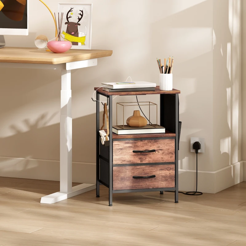 HOMCOM Bedside Table with Charging Station - Rustic Brown