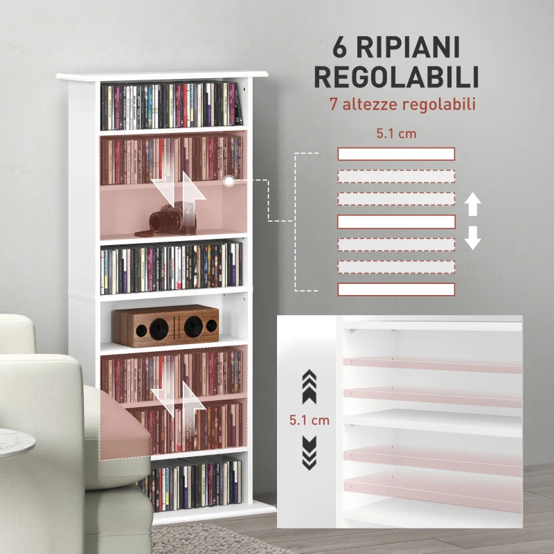 HOMCOM Scaffale Porta CD con 6 Ripiani Regolabili, Capacità di 360 CD/185 DVD, 58x24x124.5 cm, Bianco