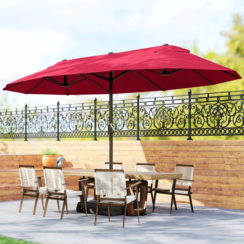 Outsunny Parasol de jardin exterieur parasol double rectangulaire 4,6L x 2,7l x 2,4H m avec ouverture fermeture manivelle, sacs de lestage et base inclus, pour balcon, piscine, bordeaux