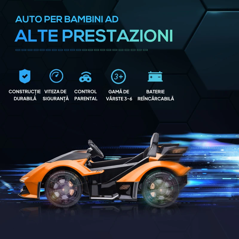 HOMCOM Masina Electrica pentru Copii, Automobil Lamborghini cu Telecomanda, Faruri LED si Muzica