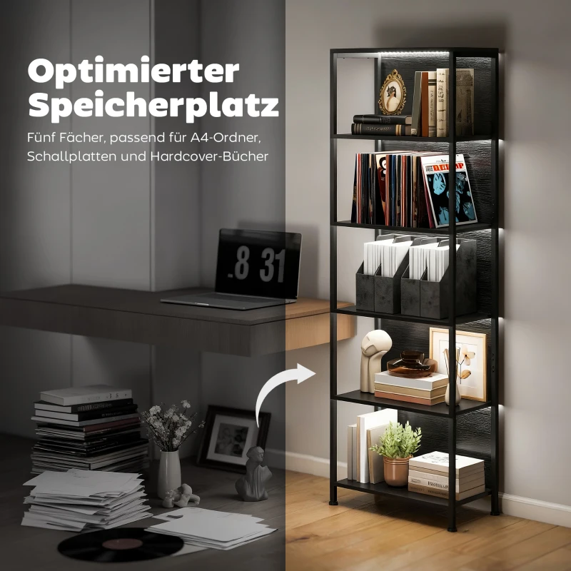 HOMCOM Bücherregal mit 5 Ebenen Standregal mit LED-Beleuchtung, 7 Lichtfarben, für Wohnzimmer, 60 x 30 x 179 cm Schwarz