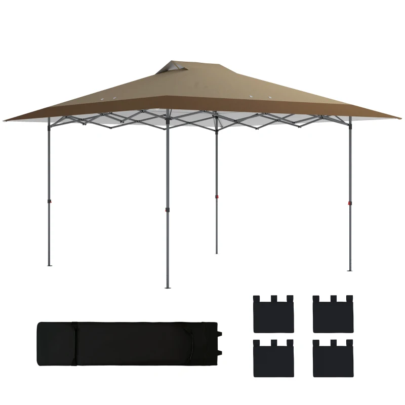 Outsunny Klapp-Pop-up-Pavillon 4x4 m mit Zentralverriegelung UPF50+ Höhenverstellbar Sandsäcke und Rolltasche Beige und Braun