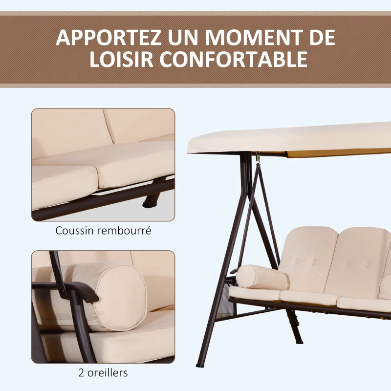 Outsunny Balancelle de Jardin 3 Places Grand Confort Toit Inclinaison réglable Coussins Plateaux rétractables 121x208x172cm beige
