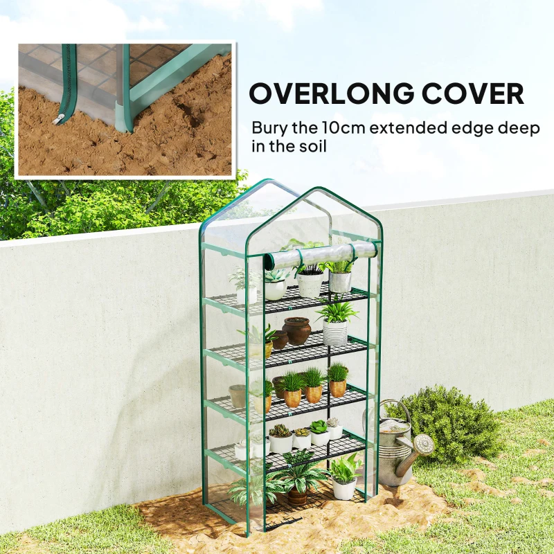 Outsunny Serra da giardino in PVC con 5 ripiani, serra da balcone, telaio in acciaio, porta con zip, 90x49x193cm, trasparente