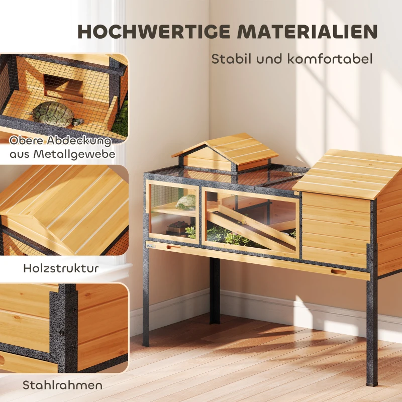PawHut Schildkrötenhaus, Kleintiergehege, 2 Räume, 2 Stockwerke, Fenster, Rampen, Zubehör, Holz, Stahl, Gelb
