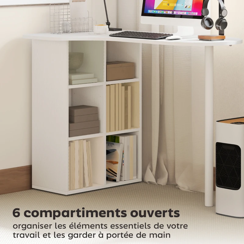 HOMCOM Bureau irrégulier table d'ordinateur 100 x 59 cm avec 6 compartiments, 4 étagères réglables et cadre en acier, blanc