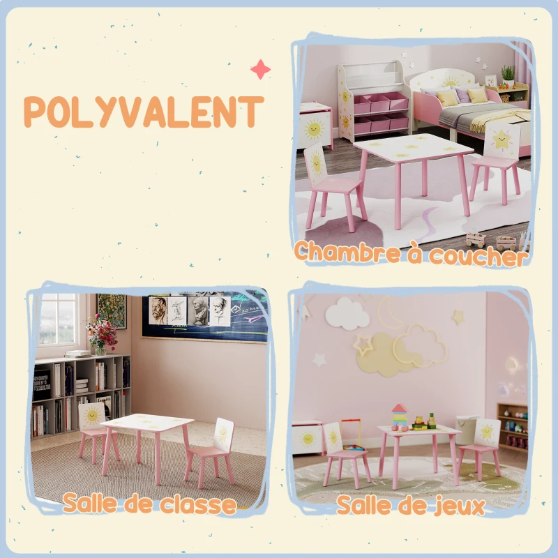 AIYAPLAY Table enfant avec chaise, ensemble table et 2 chaises enfant en bois, motifs d'étoile, 60 x 60 x 44 cm, rose