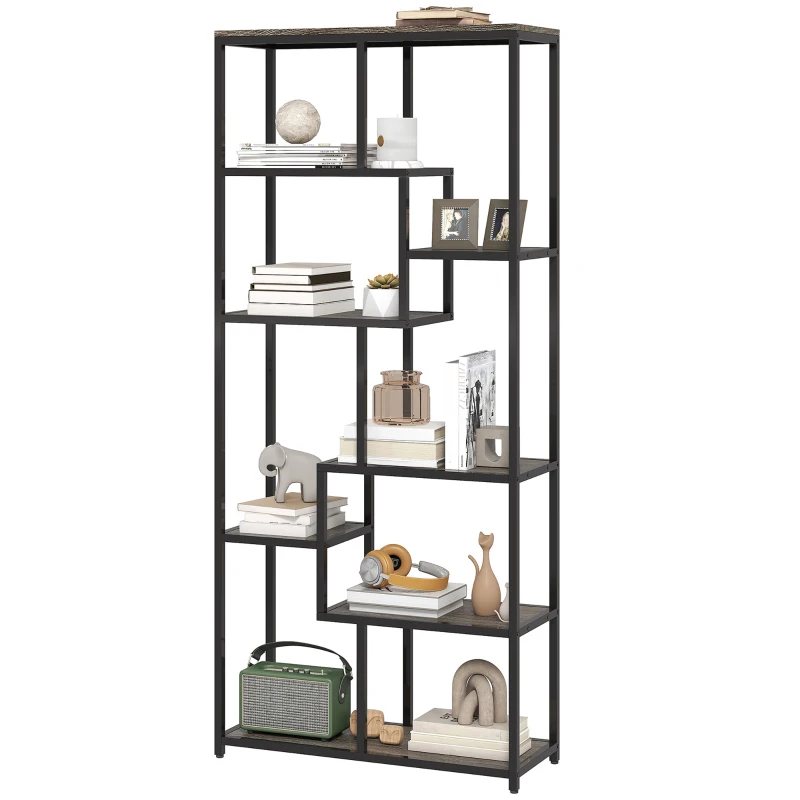 HOMCOM Seven-Tier Geometric Bookcase - Grey/Black