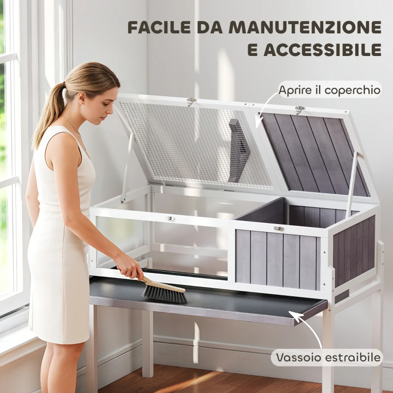 PawHut Casetta Tartarughe Rialzata con Divisorio, Vassoio Estraibile, in Legno e PS, 104x53x82 cm, Grigio e Bianco