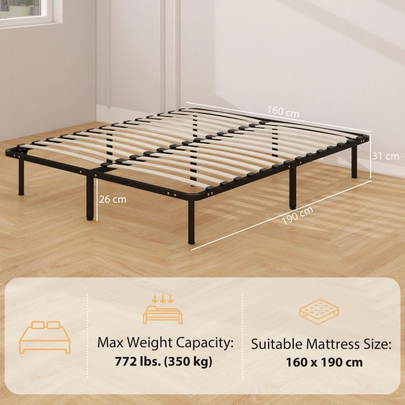 HOMCOM Pat Matrimonial Industrial cu 28 de Lamele și Spațiu de Depozitare din Lemn și Oțel, 190x160x31 cm, Negru și Lemn