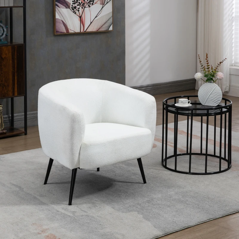 HOMCOM Fauteuil design en tissu effet laine bouclée avec accoudoirs pieds métal noir pour chambre salon 72 x 73 x 73 cm blanc
