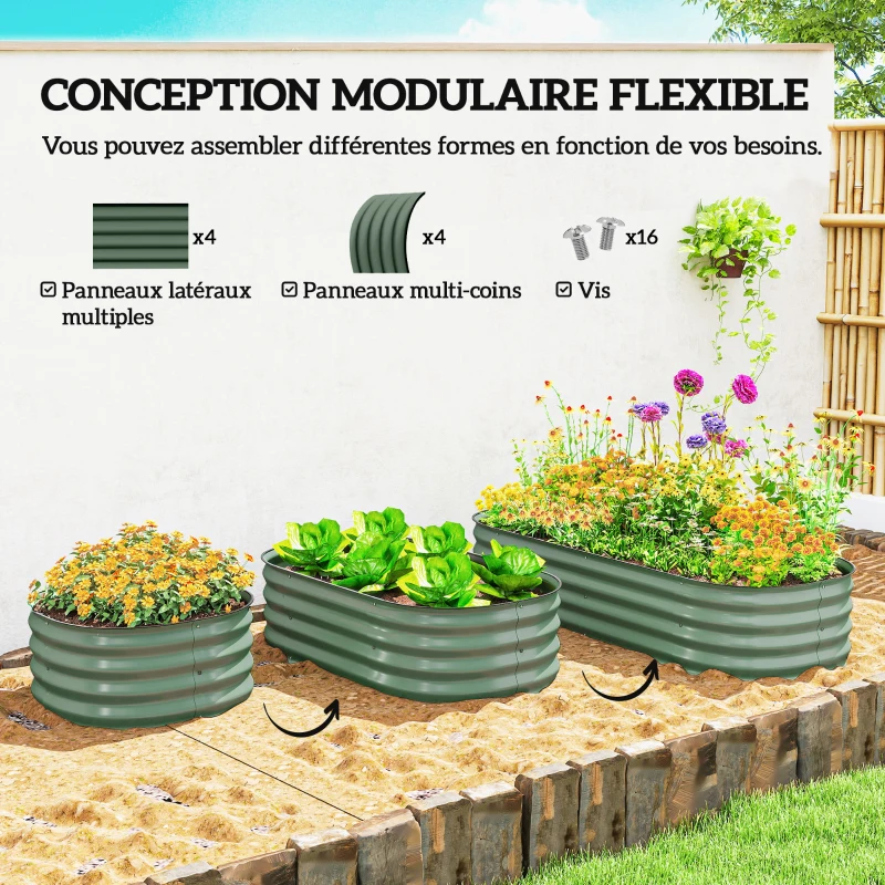 Outsunny Jardinière surélevée carré potager de jardin en acier modulable légumes, plantes, fleurs, dim. 150 x 62 x 30 cm vert