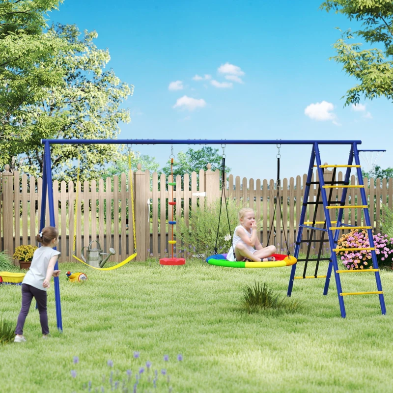 AIYAPLAY Portique balancoire exterieur 6 en 1 avec 3 balançoires, panier de basket, échelle d'escalade et filet, multicolore