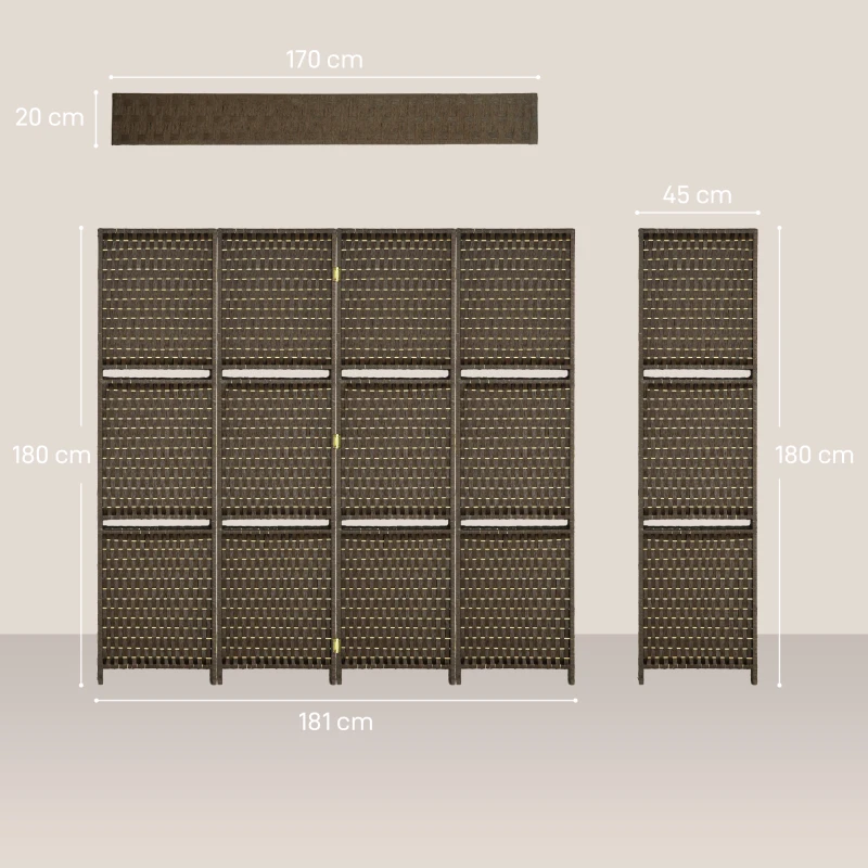 HOMCOM 4-Panel Room Dividers with Shelves, Wave Fibre Freestanding Folding Privacy Screen Panels, Partition Wall Divider for Indoor Bedroom Office, 180 cm, Brown