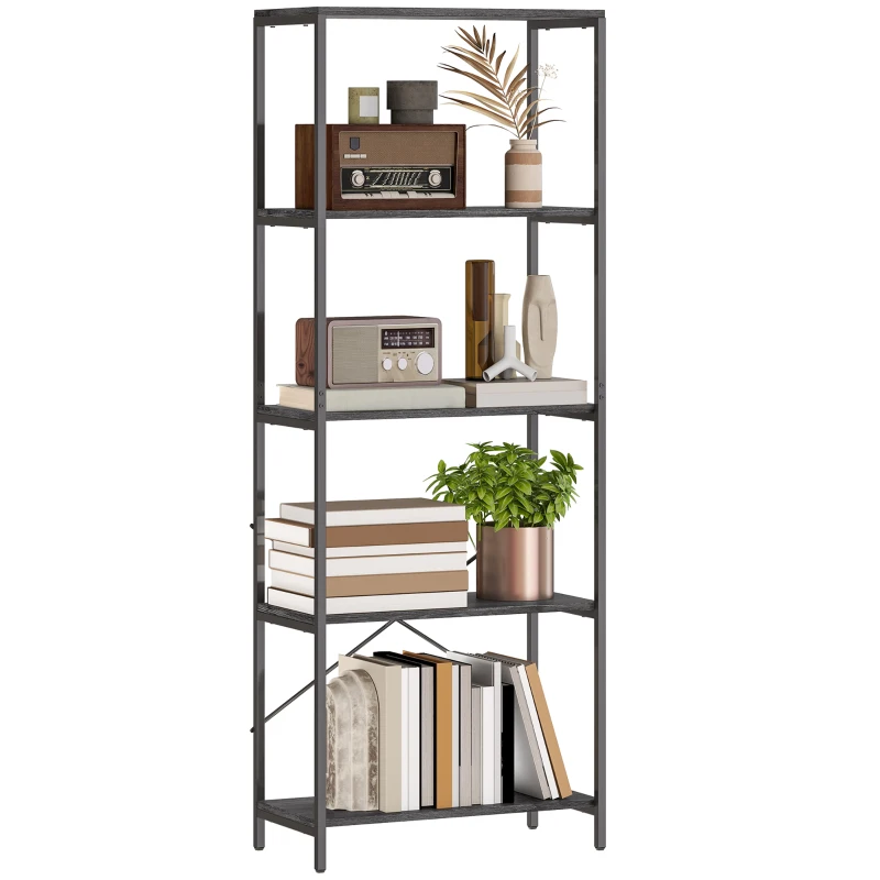 HOMCOM 5-Tier Bookshelf, Industrial Bookcase with Metal Frame - Dark Grey and Black