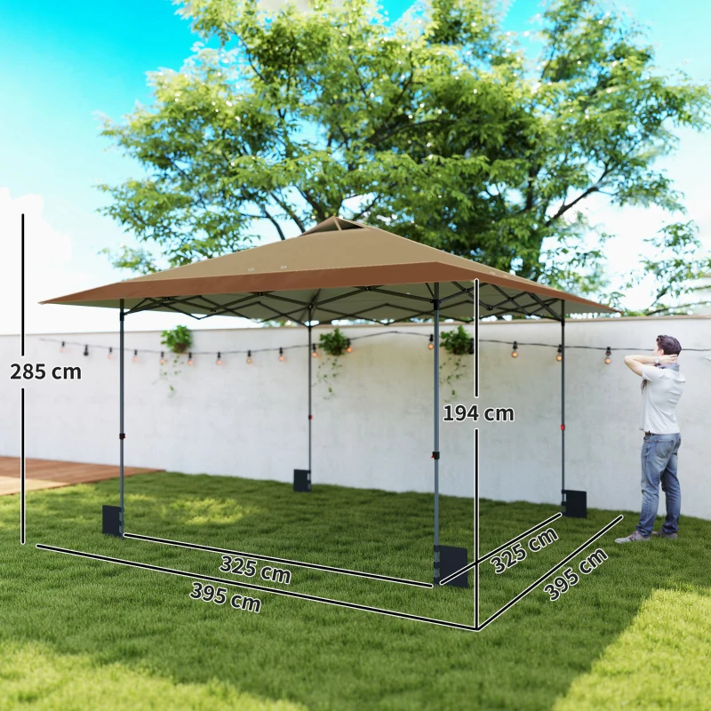 Outsunny Klapp-Pop-up-Pavillon 4x4 m mit Zentralverriegelung UPF50+ Höhenverstellbar Sandsäcke und Rolltasche Beige und Braun