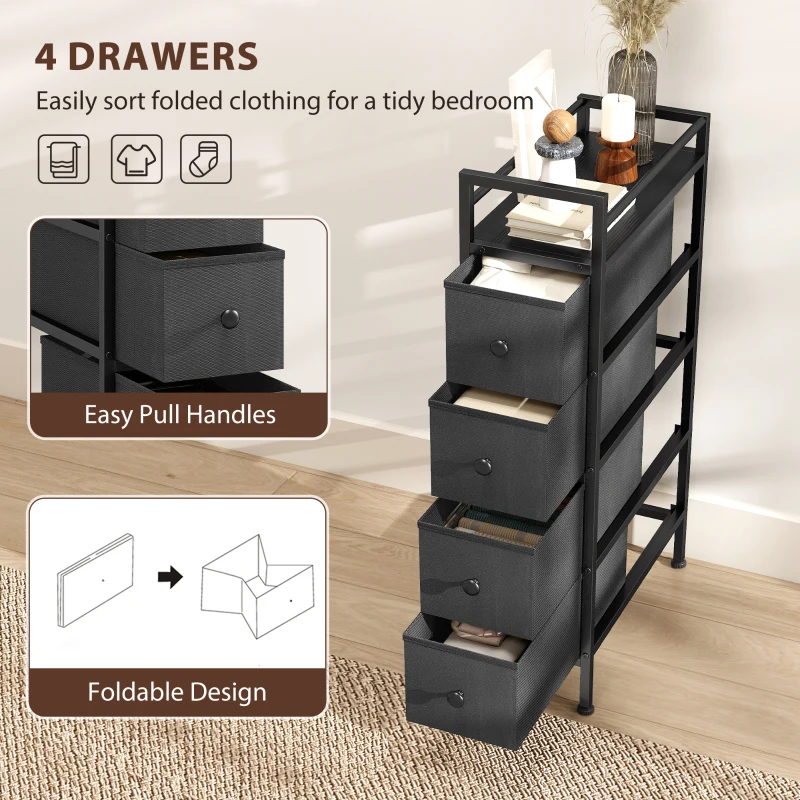 HOMCOM 4 Drawer Fabric Dresser Chest of Drawers, Slim Storage Cabinet with Steel Frame for Small Spaces, Bedroom, Black
