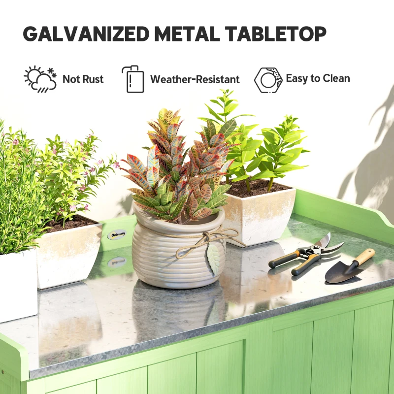 Outsunny Wood Garden Storage Cabinet, Outdoor Tool Shed, Potting Bench Table with galvanised Top and Two Shelves for garden Tools or Pool Accessories, Green