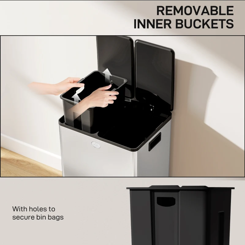 HOMCOM 56L Dual Compartment Stainless Steel Bin, with Deodoriser Holders - Silver Tone