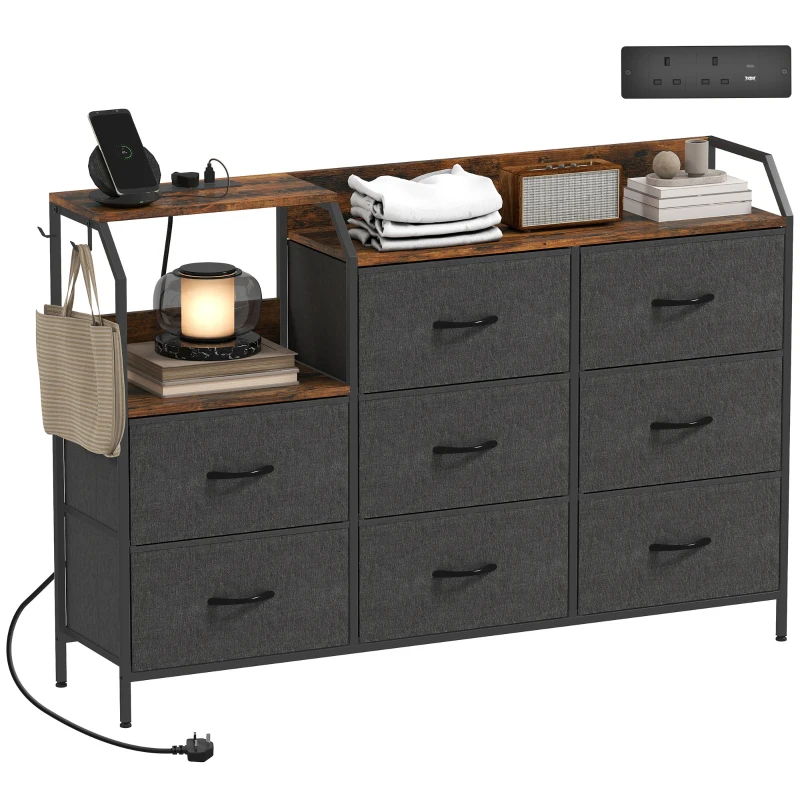 HOMCOM Chest of Eight Drawers, with Charging Station - Brown/Black