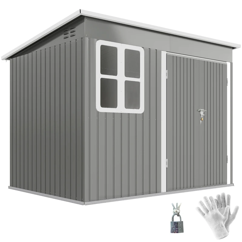 Outsunny 8.5 x 6ft Storage Shed Galvanised Steel Garden Shed, Metal Shed with Foundation Kit, Window, Lockable Wide Doors and Air Vents for Outdoor Patio, Light Grey