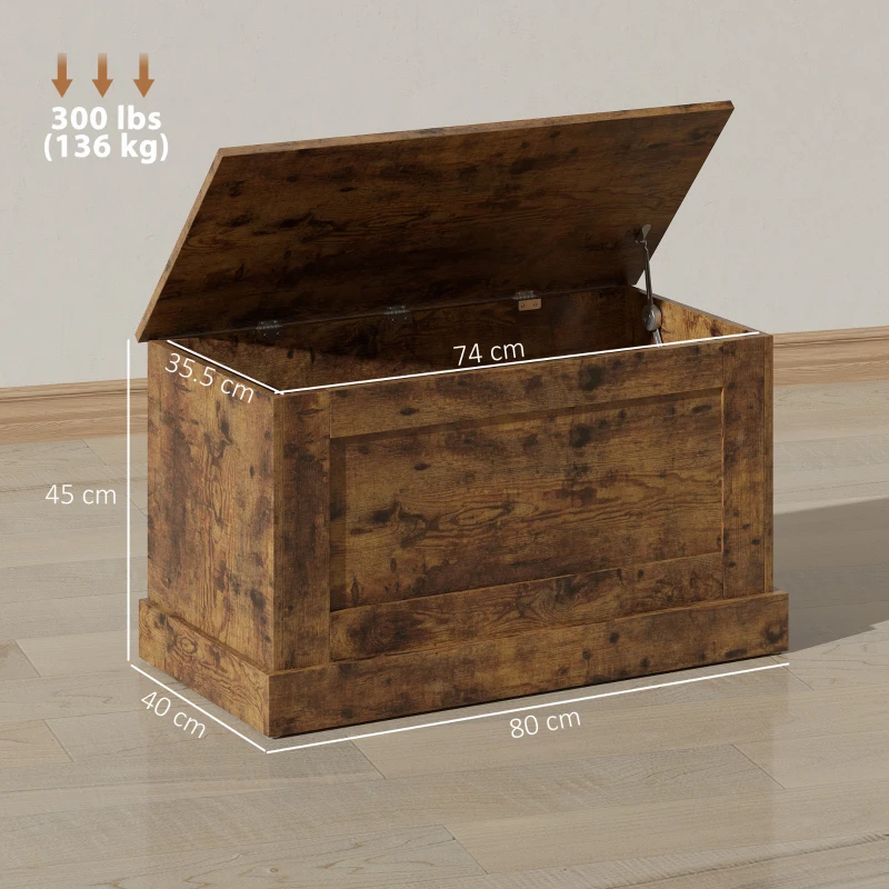 HOMCOM Cufăr de depozitare, cutie pentru jucării, cu balama de siguranță, pentru living, din lemn, 80 x 40 x 45 cm, maro rustic
