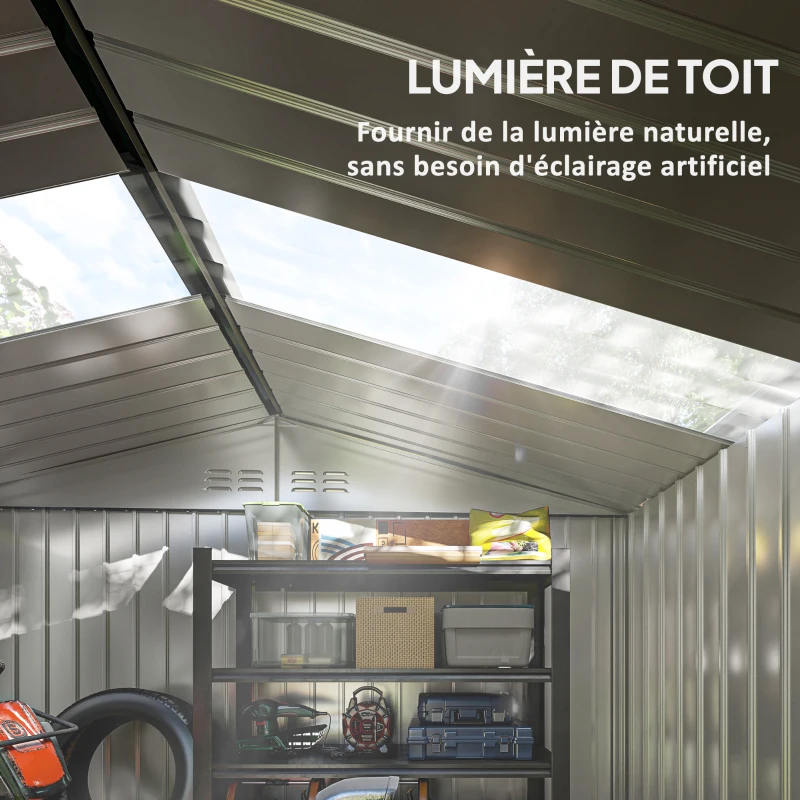 Outsunny Abri de jardin 5,4 m² 2,77 x 1,95 x 1,92 m kit de fondation porte coulissante ventilations tôle acier, gris clair
