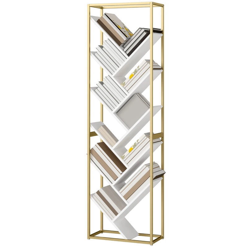 HOMCOM 10 Shelf Modern-Style Bookshelf - Gold Tone/White