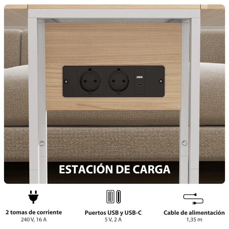 HOMCOM Mesa Auxiliar para Sofá con Encimera Plegable y Estación de Carga Forma de C para Salón Blanco y Natural