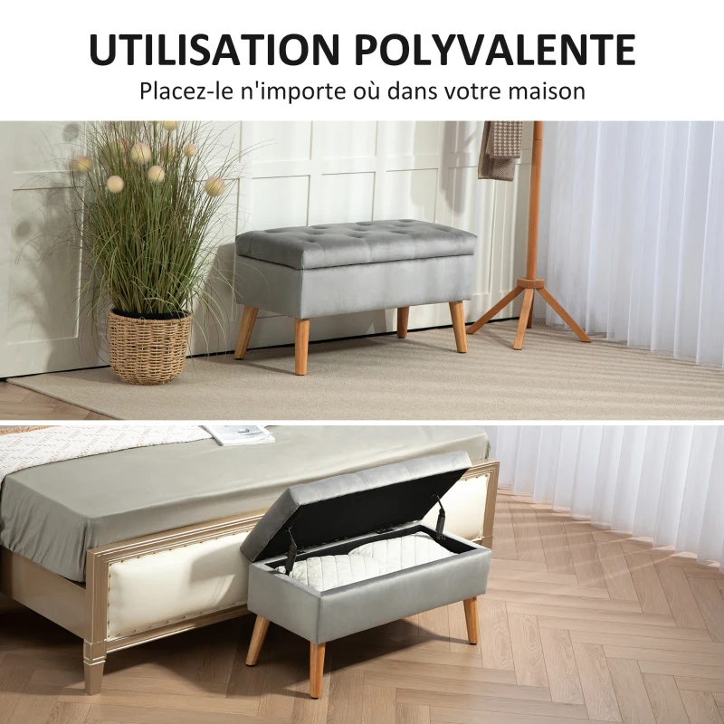 HOMCOM Banc de rangement coffre de rangement tissu effet velours pieds en bois charge max. 120 kg 80 x 35 x 42 cm, gris
