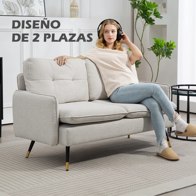 HOMCOM Sofá de Salón de 2 Plazas Moderno con 4 Cojines Reposabrazos y Patas de Acero Carga 240 kg 139x68x80 cm Crema
