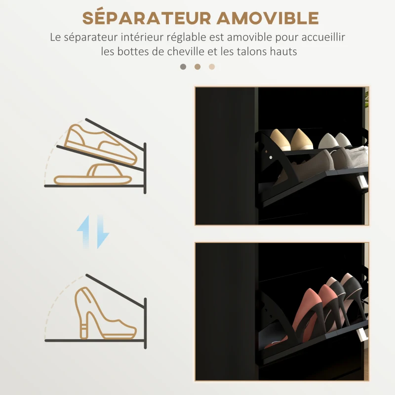 HOMCOM Meuble à chaussures, armoire à chaussures 3 portes abattants 15 paires, étagères réglables, 54 x 24 x 117,5 cm, noir