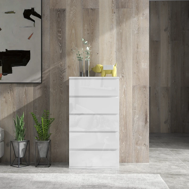 HOMCOM 5-Drawer Modern Dresser, High Gloss Storage Drawer Unit for Bedroom, White