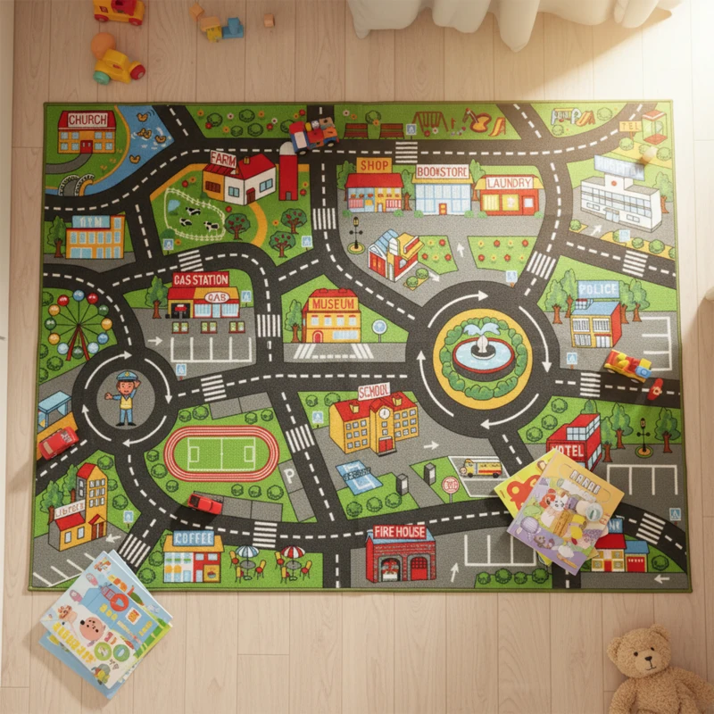 AIYAPLAY Tappeto da gioco per bambini, antiscivolo, motivo strada cittadina, 200 x 150 cm, Multicolore