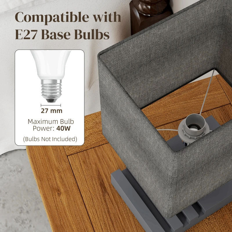 HOMCOM Bedside Lamp with USB A+C Charging Ports and 3 Phone Stands, Modern Table Lamp with Solid Wood Base and Fabric Shade for Bedroom Living Room Office, E27 Socket, Bulb Not Included, Grey