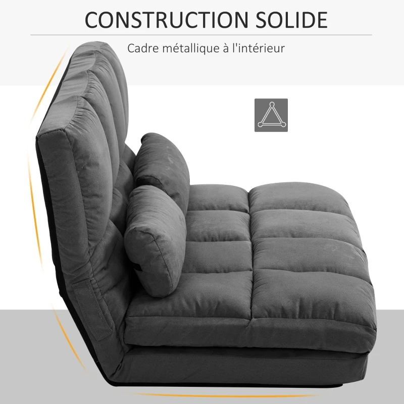 HOMCOM Chauffeuse matelas d'appoint pliant convertible - inclinaison dossier réglable 14 positions - 2 coussins inclus, gris