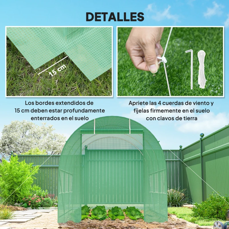 Outsunny Invernadero de Jardín 3,5x2 m Invernadero de Túnel con Marco de Acero y Cubierta de Polietileno PE 140 g/m² Verde