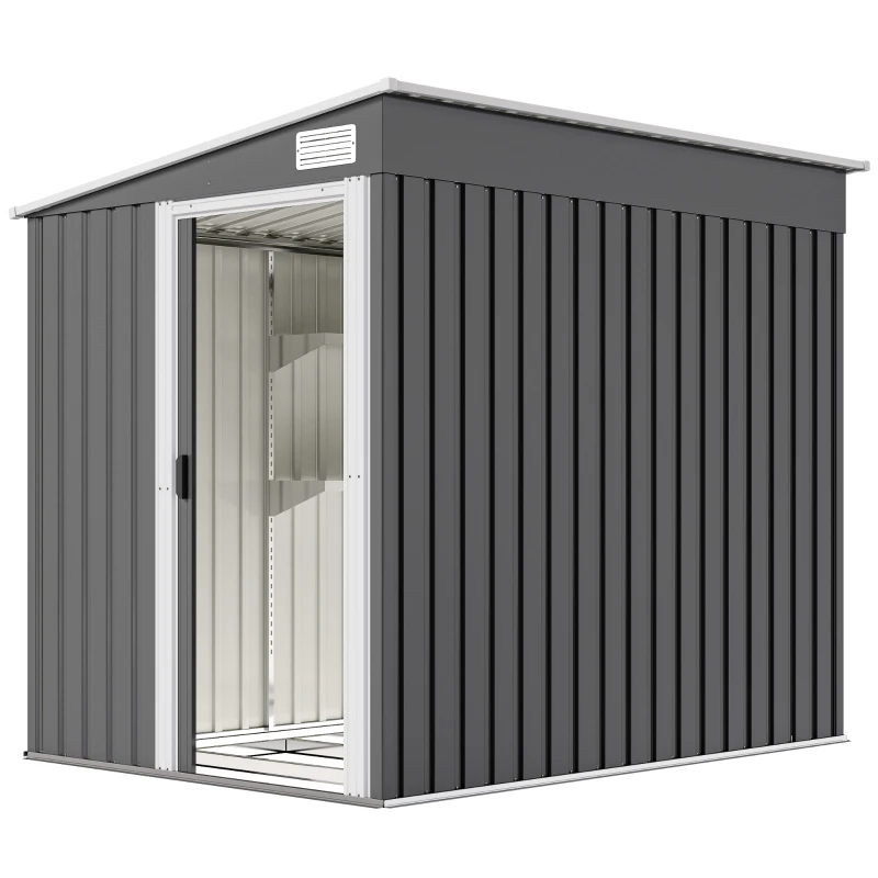 Outsunny Capanno Attrezzi in Metallo 1.5x2m con Base, Porta Scorrevole e Tetto Inclinato, Grigio Scuro