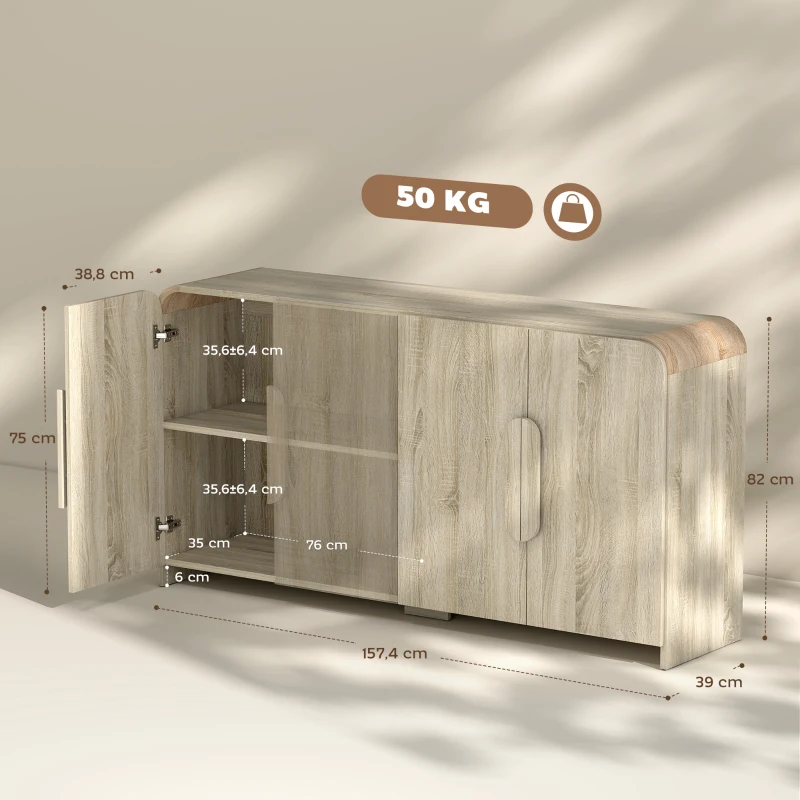 HOMCOM Credência de Cozinha com 2 Armários, Portas Soft-Close e Prateleiras Ajustáveis, 157x39x82 cm, Madeira Natural