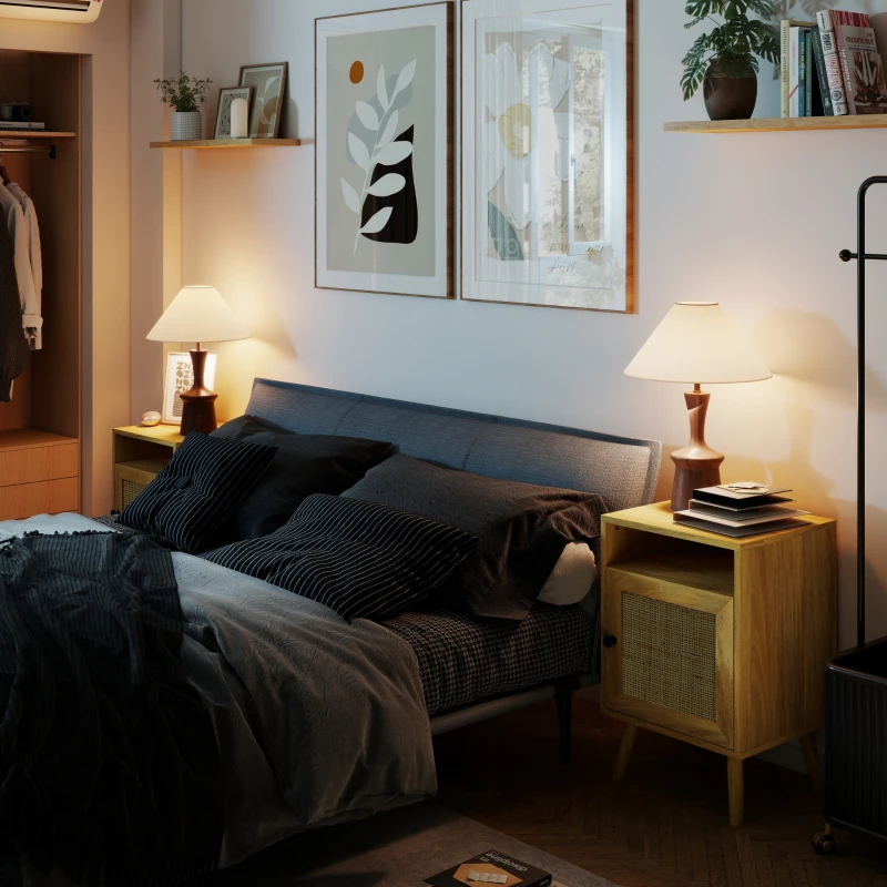 HOMCOM Mesita de Noche con Puerta de Rejilla Mesita Auxiliar para Dormitorio Salón Cama 39x35x60 cm Madera Natural