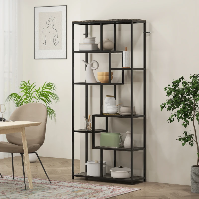 HOMCOM Seven-Tier Geometric Bookcase - Grey/Black